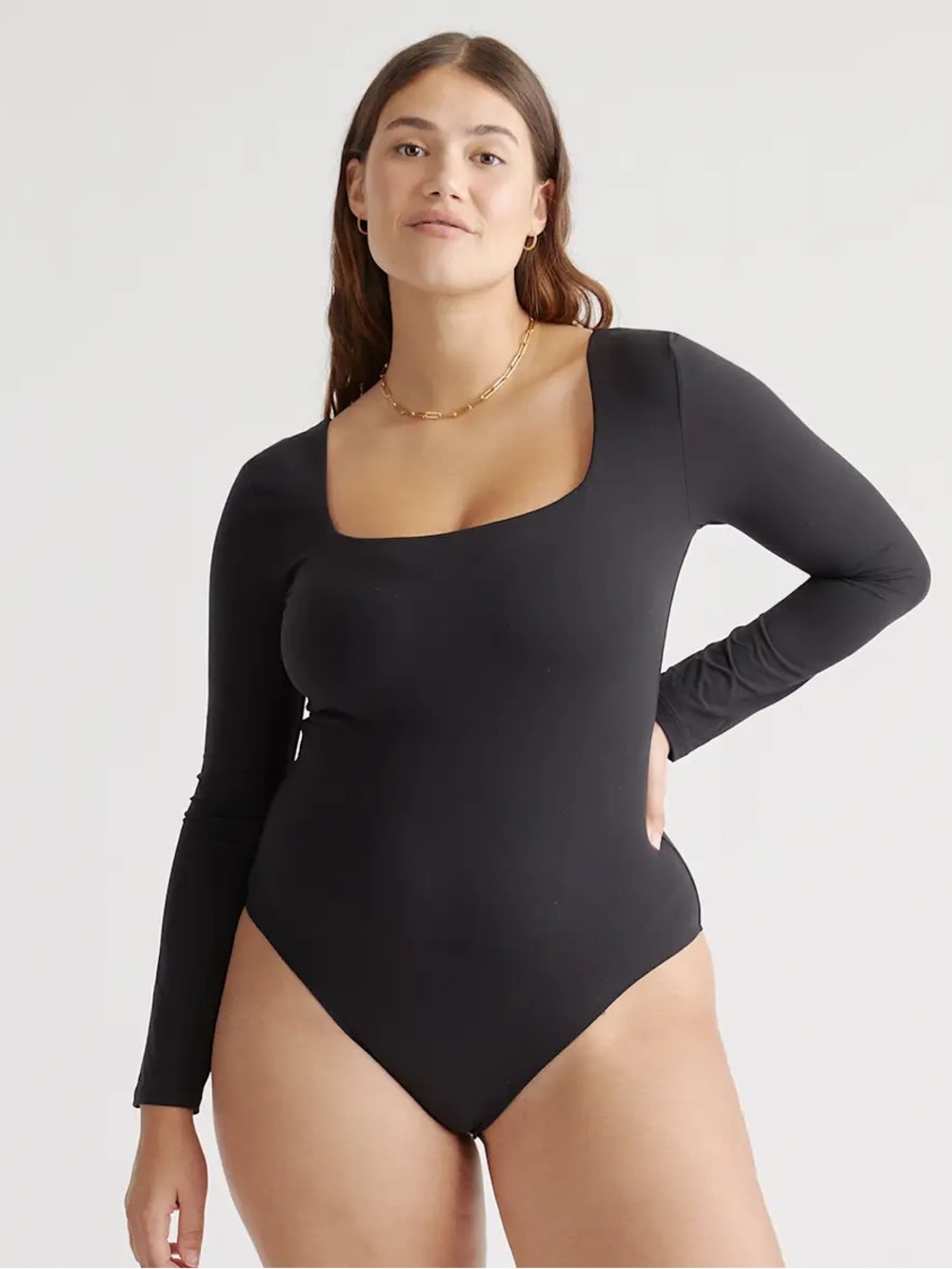 NWT QUINCE Second Skin Square Neck Long Sleeve Bodysuit Small Black 1021